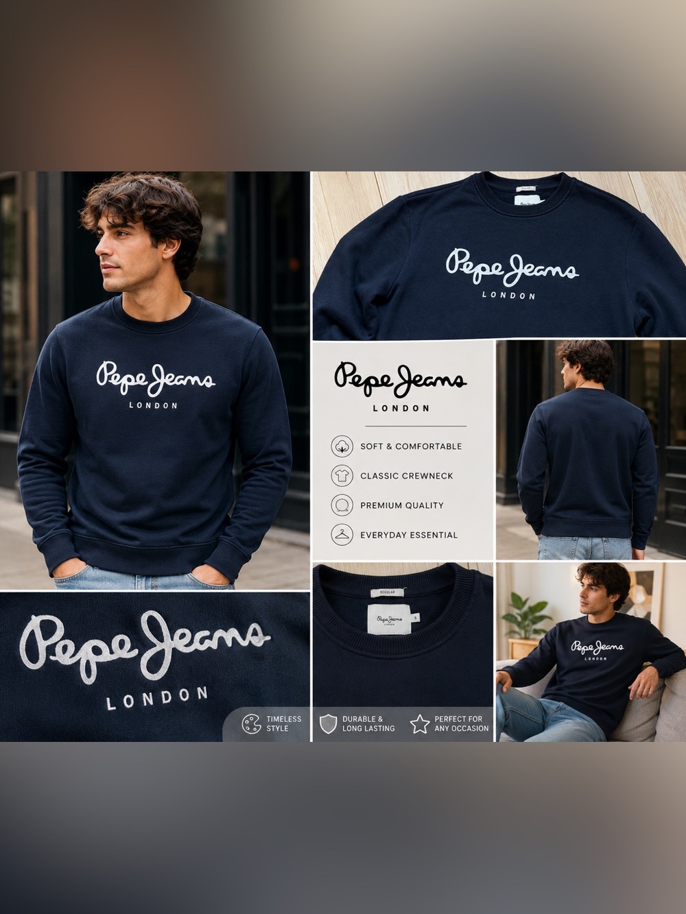 Pepe Jeans London Crewneck Sweatshirt Navy Blue Pullover Men’s Size S Casual